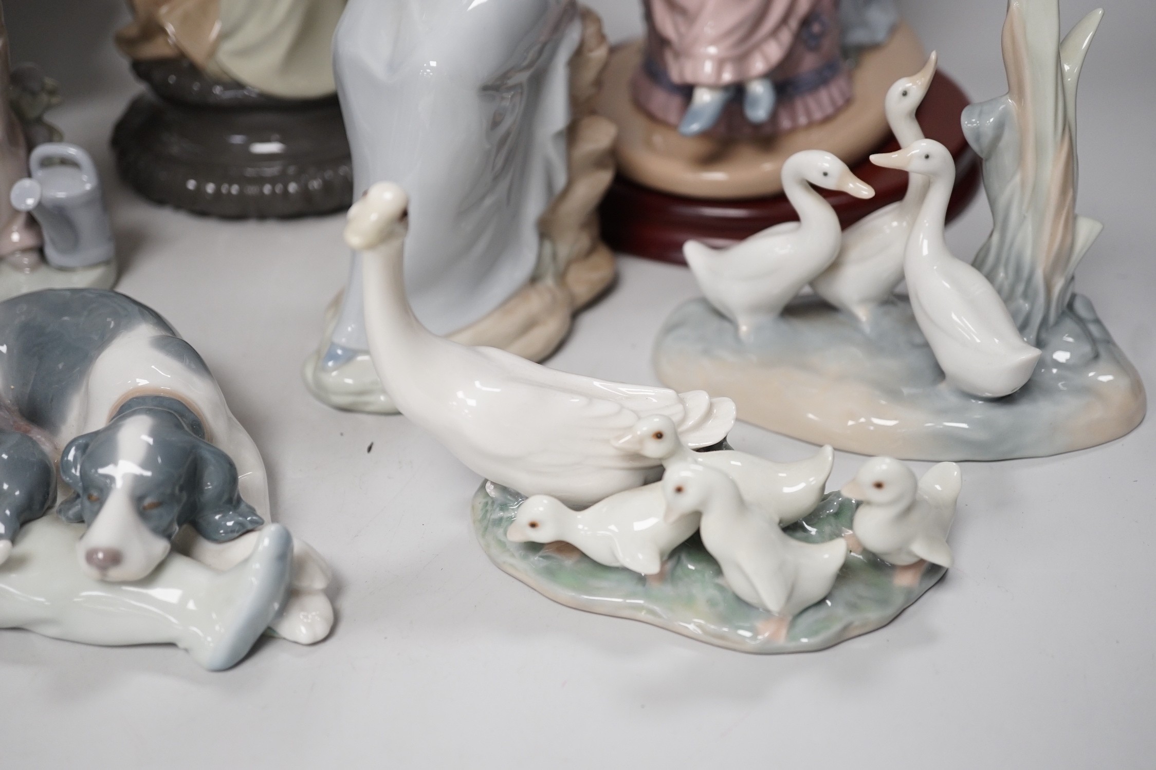 Seven Lladro and two Nao porcelain figures together with another, stuck to base so mark can’t be seen. Tallest 38cm